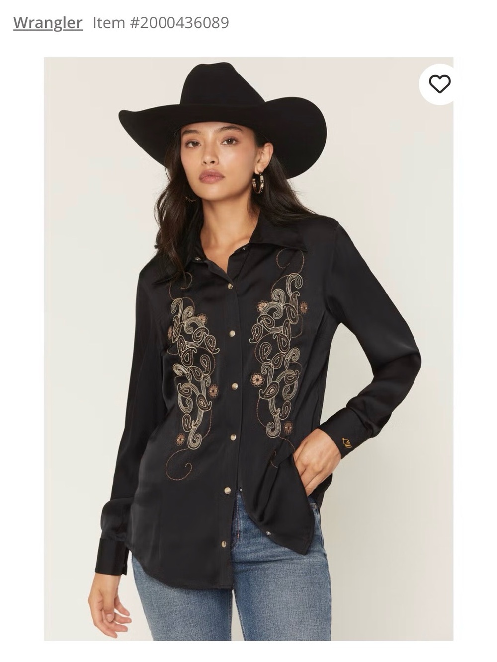 Wrangler x Lainey Wilson embroidered paisley long sleeve snap satin button down
